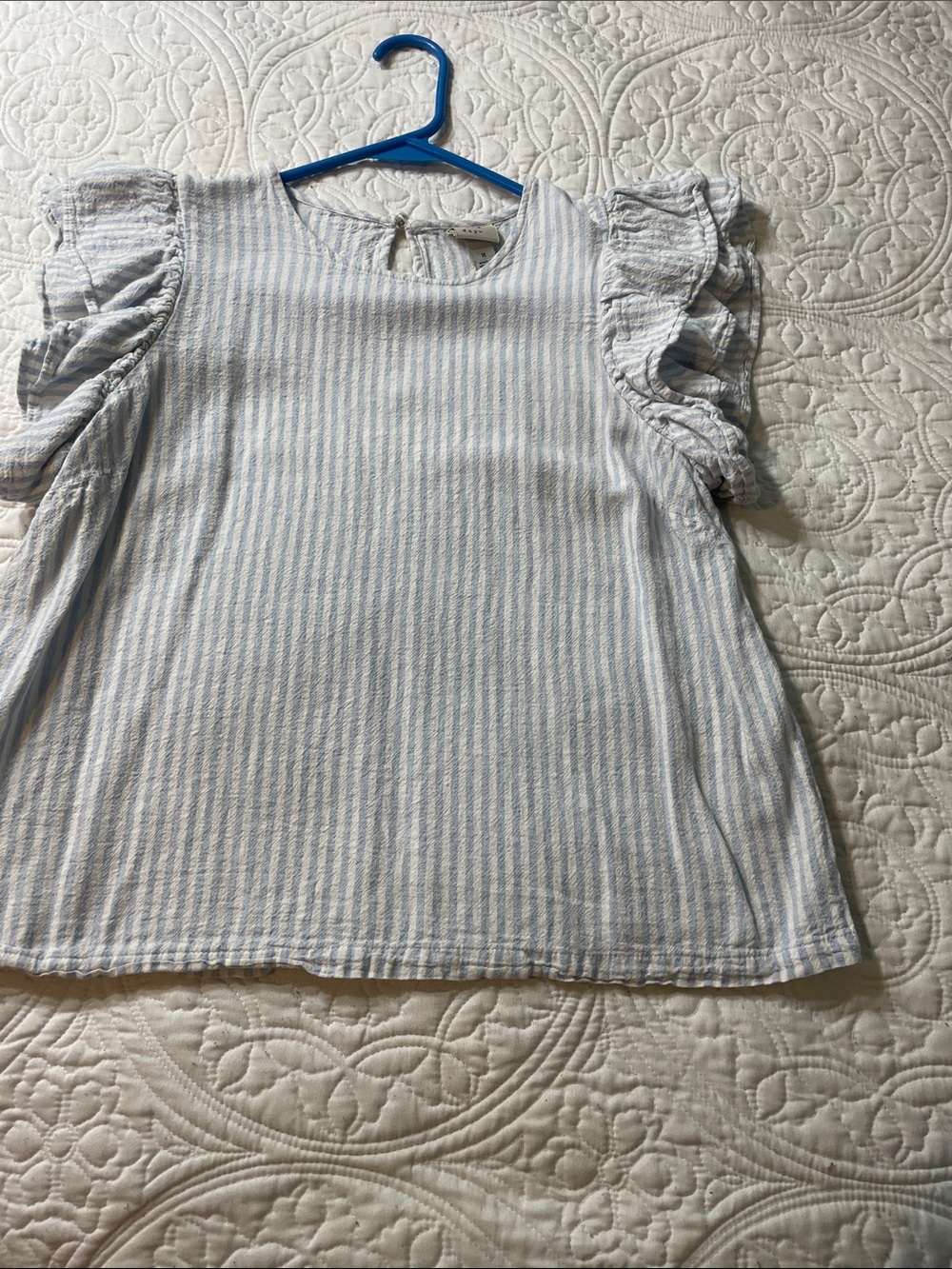 Light Blue & White Striped Ruffle Sleeve Women's Top